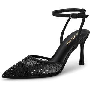 🆕Pizz Annu Women's Black Closed Toe Mesh Sparkly Ankle Strap Cienna High Heels